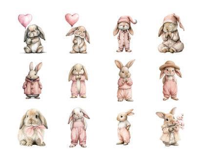 Watercolor Easter Bunny Clipart Bundle, Cute Easter Rabbits PNG, Pink Bunnies Clipart, Baby Shower, Nursery Decor, Whimsical Easter Clipart