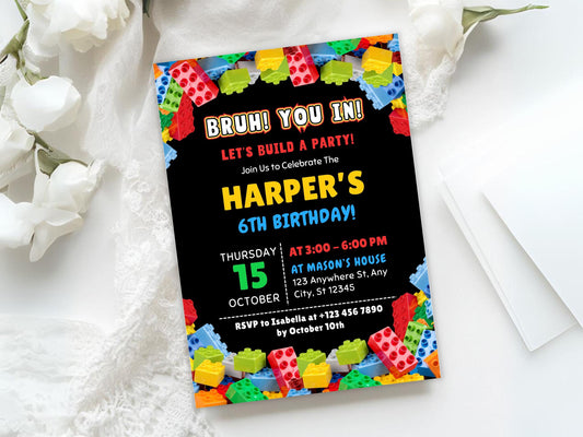 Editable Building Blocks Birthday Invitation, Building Blocks Theme Party Invite, Invitation Template, Canva Template, Digital Download