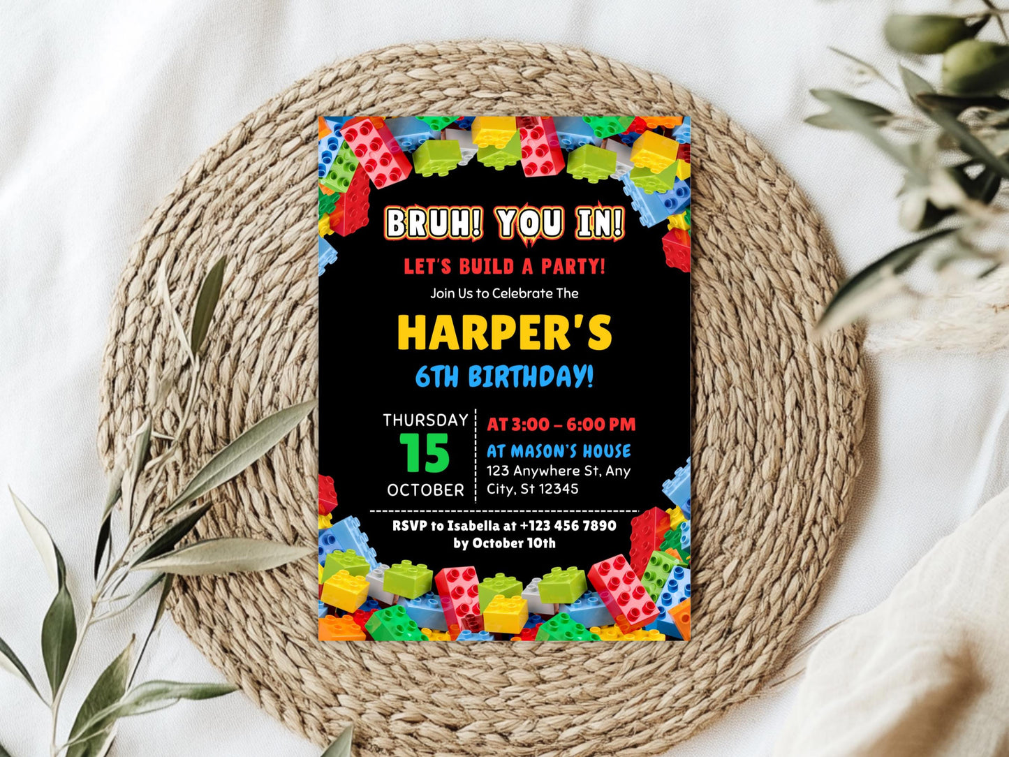 Bearbeitbare Geburtstagseinladung mit Bausteinen-Motiv, Einladung zur Baustein-Mottoparty, Einladungsvorlage, Canva-Vorlage, digitaler Download