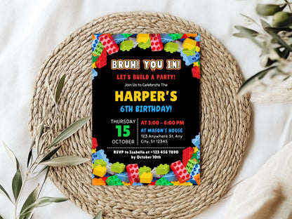 Bearbeitbare Geburtstagseinladung mit Bausteinen-Motiv, Einladung zur Baustein-Mottoparty, Einladungsvorlage, Canva-Vorlage, digitaler Download