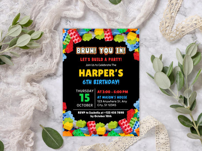 Bearbeitbare Geburtstagseinladung mit Bausteinen-Motiv, Einladung zur Baustein-Mottoparty, Einladungsvorlage, Canva-Vorlage, digitaler Download