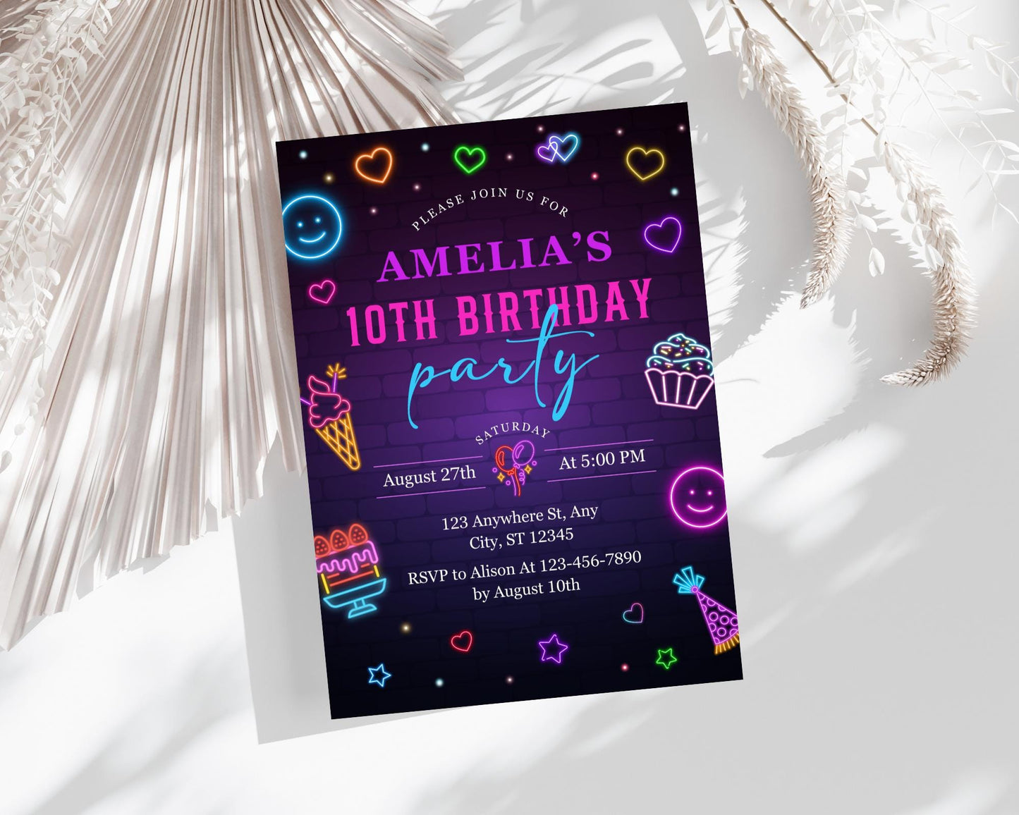 Neon Birthday Invitation, Retro Birthday Party, Boy Birthday Invite, Teenager Birthday Invitation, Retro Neon Birthday, Instant Download