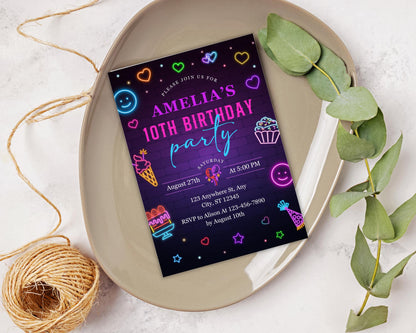 Neon Birthday Invitation, Retro Birthday Party, Boy Birthday Invite, Teenager Birthday Invitation, Retro Neon Birthday, Instant Download