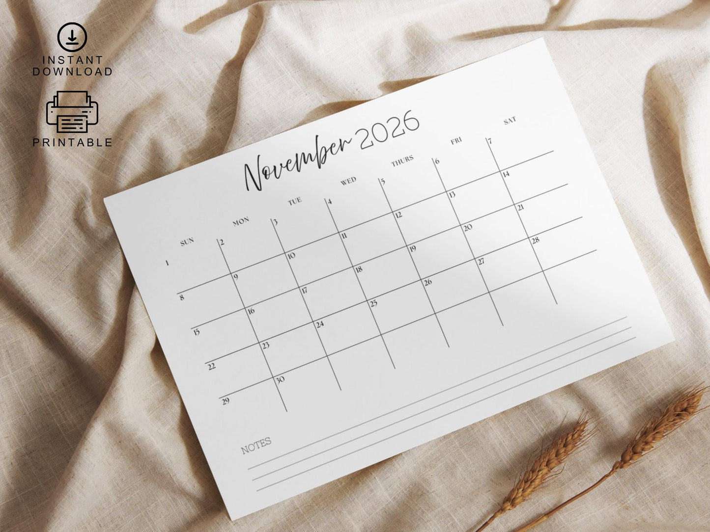 2026 Calendar Planner Printable, Monthly Planner Landscape, 2026 Sunday Start Calendar, 2026 Monday Start, Minimalist 2026 Wall Calendar PDF