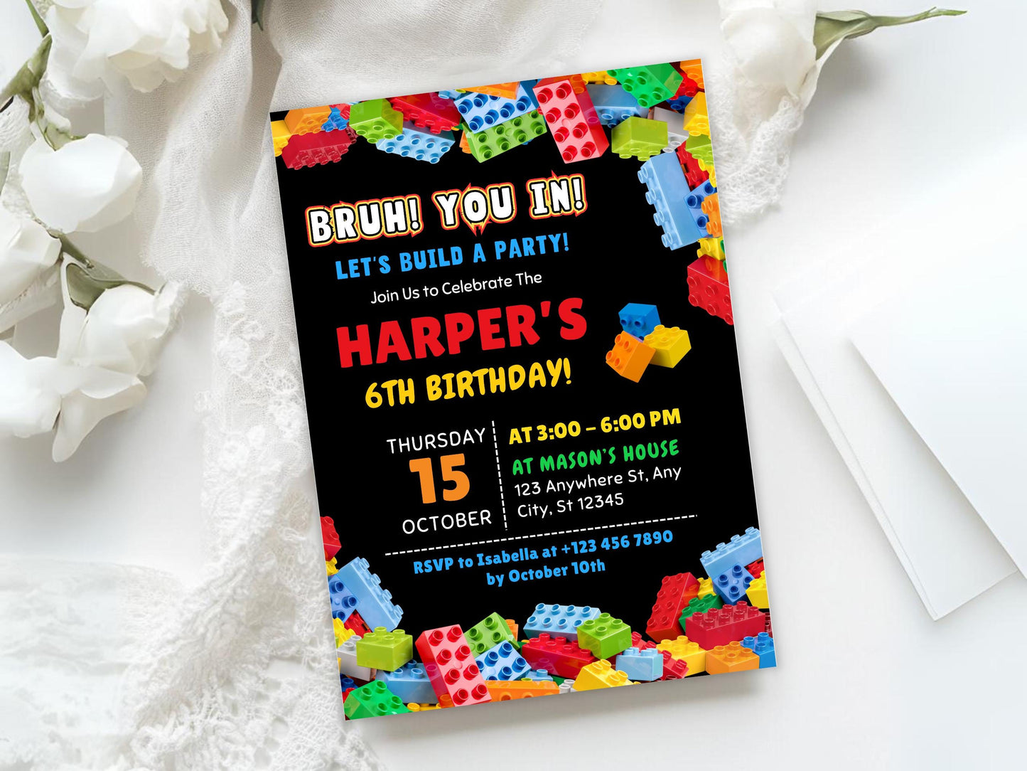 Building blocks Birthday Invitation, Colorful Kids Birthday Party Invite, Editable Invitation, Canva Template, Digital Download
