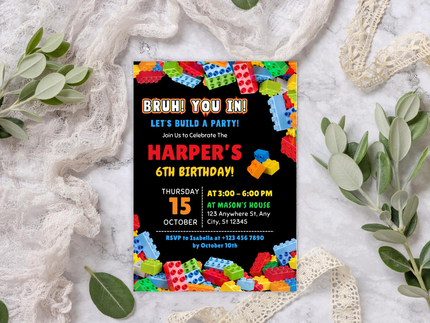 Building blocks Birthday Invitation, Colorful Kids Birthday Party Invite, Editable Invitation, Canva Template, Digital Download