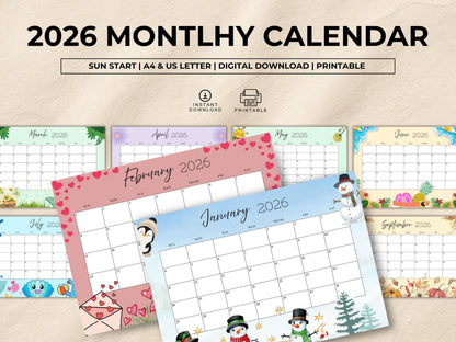 2026 Monthly Calendar Planner Printable, Cute 2026 Calendar Planner For kids, Calendar Organizer Printable, Instant Download
