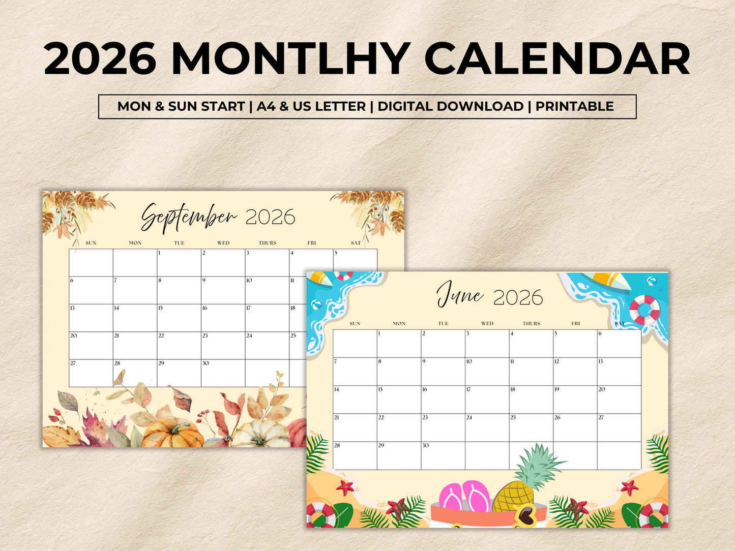 2026 Monthly Calendar Planner Printable, Cute 2026 Calendar Planner For kids, Calendar Organizer Printable, Instant Download