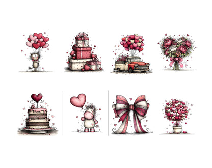 58 Whimsical Valentine's Day Clipart Bundle, Watercolor Valentine PNG & JPG, Sweet Graphics, Paper Craft, Commercial Use, Instant Download