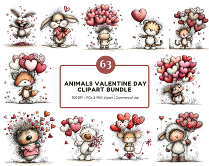 63 Animals Valentine Day Clipart Bundle, Watercolor Valentine's Day PNG & JPG, Sweet Graphics, Cute Animal Holding Hearts Valentine png