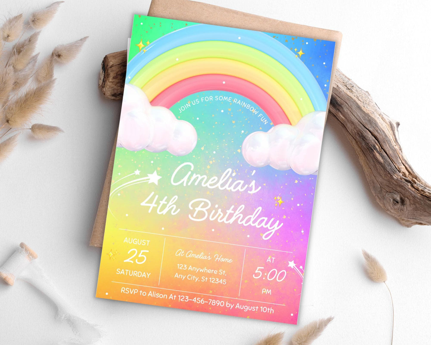 Rainbow Birthday Invitation Canva, Editable Template, Magical Rainbow Party Invite, Pastel Rainbow Birthday, Colorful Birthday Celebration