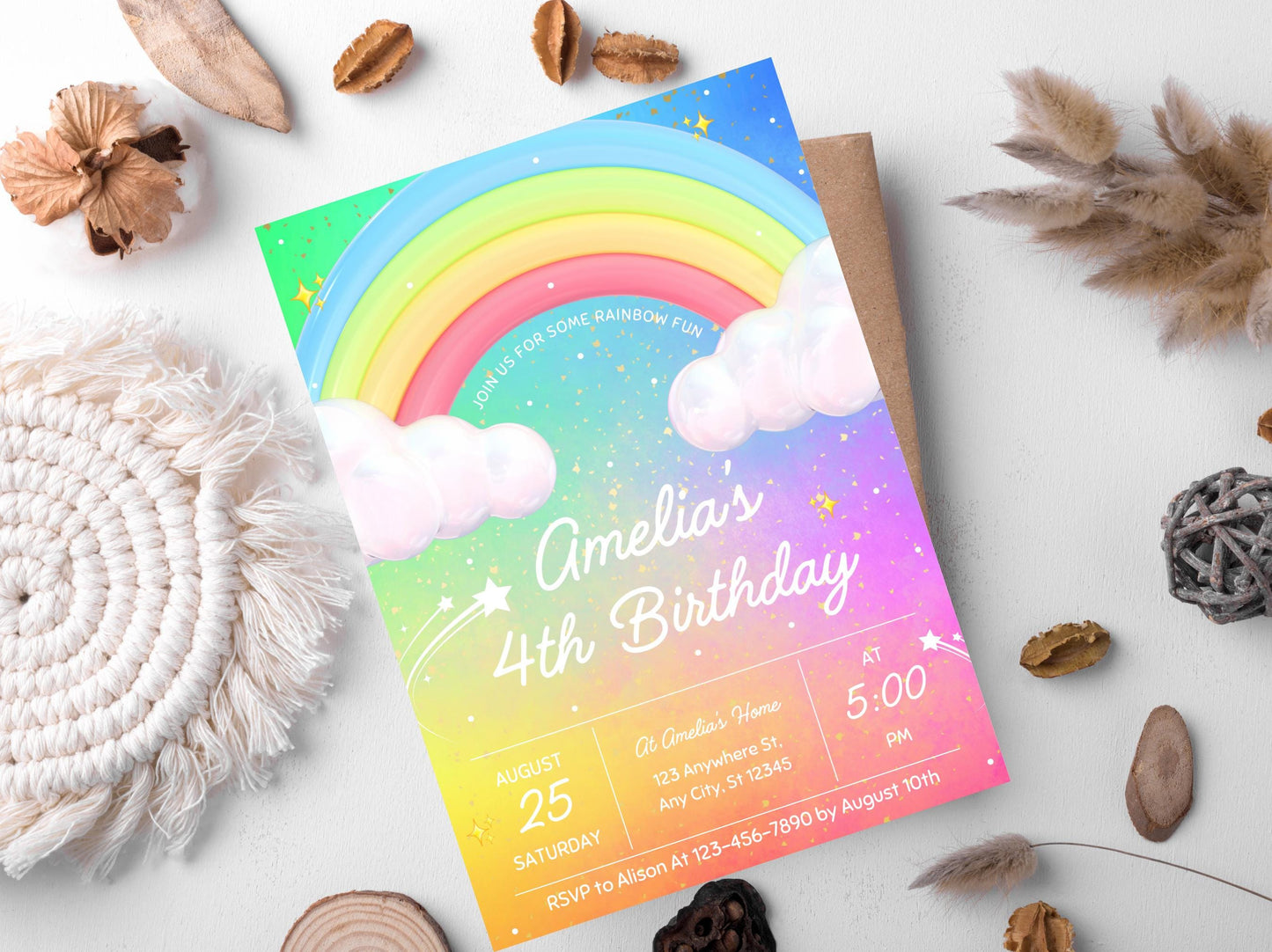 Rainbow Birthday Invitation Canva, Editable Template, Magical Rainbow Party Invite, Pastel Rainbow Birthday, Colorful Birthday Celebration
