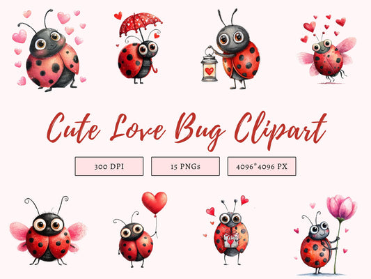 Watercolor Love Bug Clipart Bundle, Cute Love Bug PNG, Quirky Love Bug Clipart, Whimsical Love Bug Clipart, Digital Paper Craft, Card Making