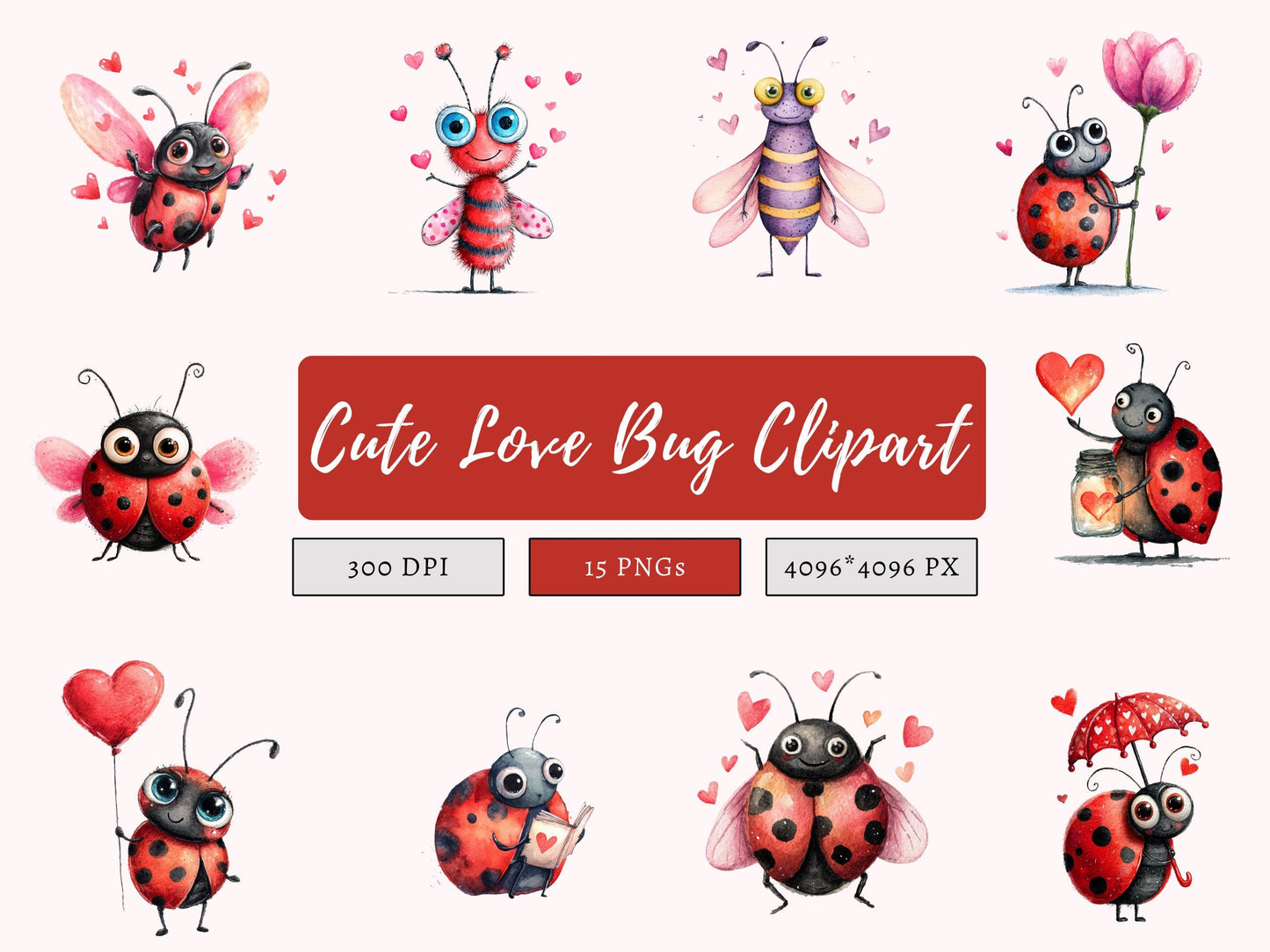 Aquarell-Liebeskäfer-Clipart-Bundle, niedliche Liebeskäfer-PNGs, skurrile Liebeskäfer-Cliparts, verspielte Liebeskäfer-Cliparts, digitale Papierbastelarbeiten, Kartenherstellung