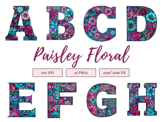 Paisley Floral Alphabet Clipart, Alpha Doodle Letter PNG, Bright Rainbow Alphabet Clipart, Alpha Doodle Number PNG, Instant Download