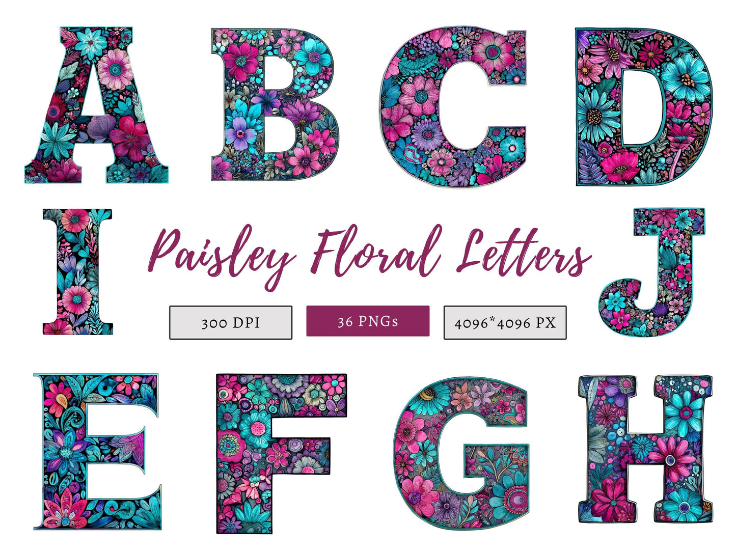 Paisley-Blumenalphabet-Cliparts, Alpha-Doodle-Buchstaben-PNG, Buntes Regenbogenalphabet-Cliparts, Alpha-Doodle-Zahlen-PNG, Sofort-Download