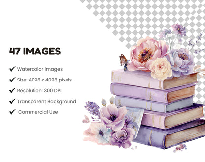 Floral Book Clipart Set, Watercolor Flower Book Clipart, Lilac Floral Clipart, Wildflower Book png, Printable Book Lover png, Boho Floral