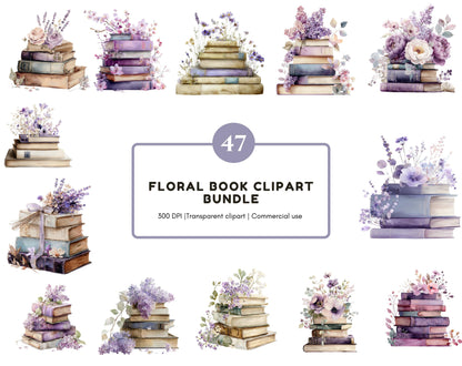 Floral Book Clipart Set, Watercolor Flower Book Clipart, Lilac Floral Clipart, Wildflower Book png, Printable Book Lover png, Boho Floral