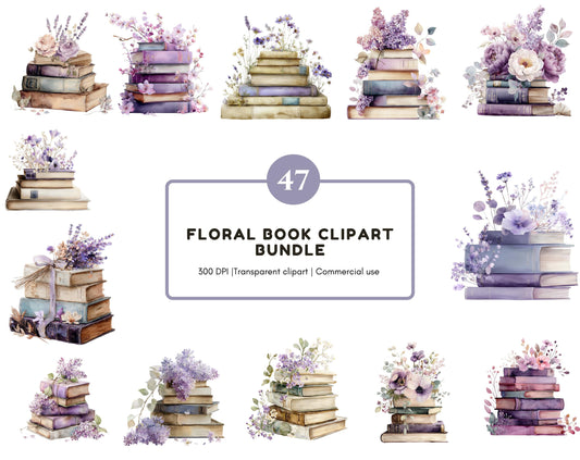 Floral Book Clipart Set, Watercolor Flower Book Clipart, Lilac Floral Clipart, Wildflower Book png, Printable Book Lover png, Boho Floral