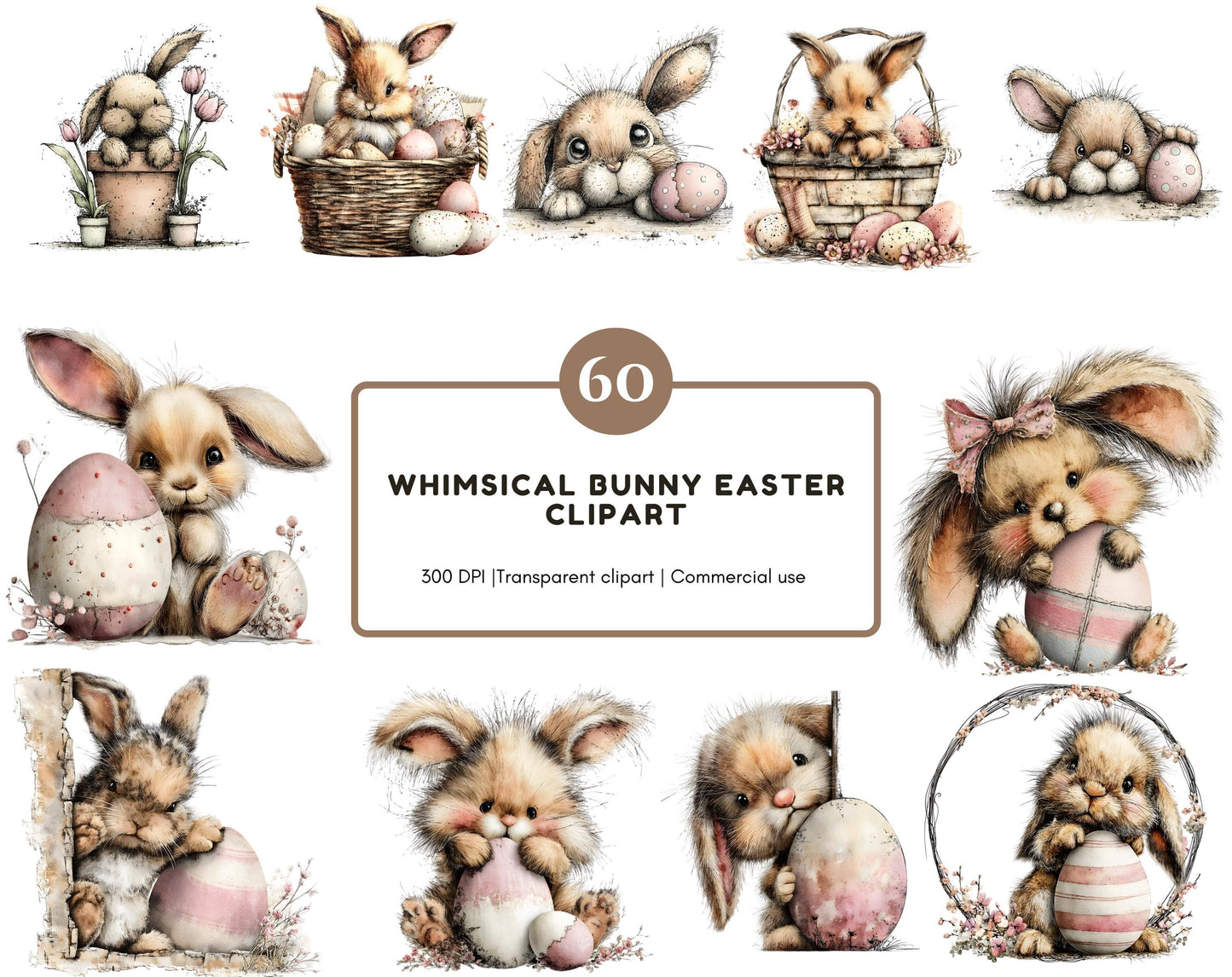 Verspieltes Osterhasen-Clipart-Paket, Aquarell-Osterhasen-Clipart, Hasen-PNG, skurrile Hasen-Clipart, kommerzielle Nutzung, sofortiger Download