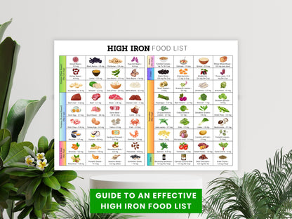 High Iron Food List Printable, Iron Rich Food List, Anemia Diet List, List Of Food with Iron, Iron Food Guide, Iron Food Chart