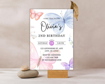 Invitation d'anniversaire papillon, Invitation d'anniversaire papillon pastel, Fête d'anniversaire papillon pour fille, Modèle Canva modifiable, Téléchargement instantané