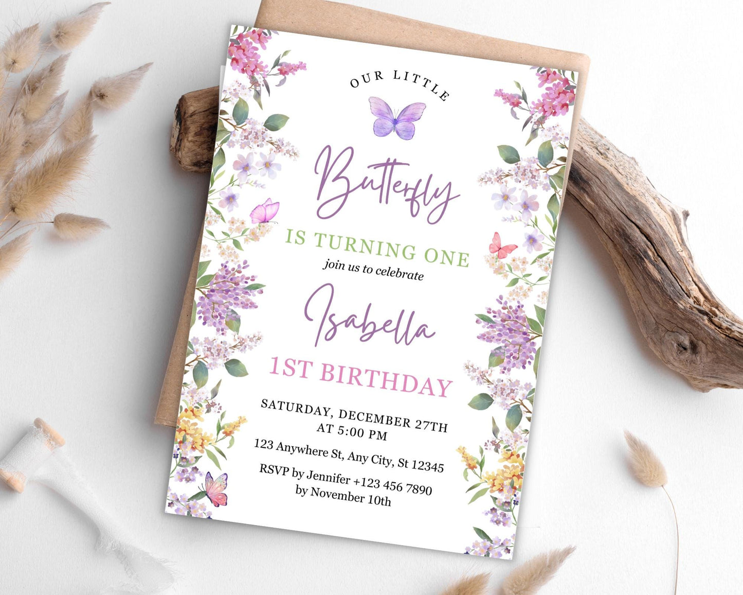 Invitation d'anniversaire papillon fleuri, invitation pour le 1er anniversaire sur le thème des papillons, fête d'anniversaire papillon pour fille, modèle Canva modifiable, téléchargement instantané