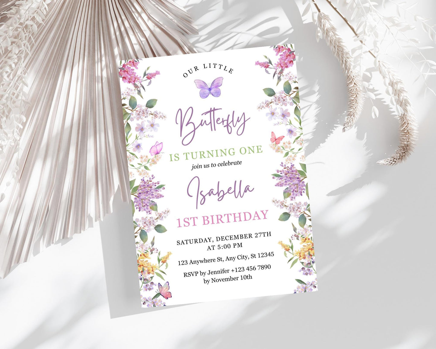 Invitation d'anniversaire papillon fleuri, invitation pour le 1er anniversaire sur le thème des papillons, fête d'anniversaire papillon pour fille, modèle Canva modifiable, téléchargement instantané