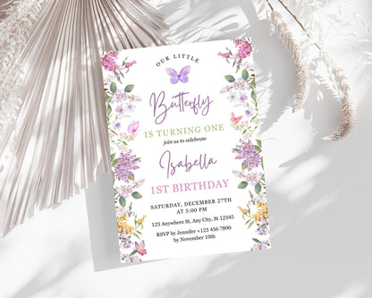 Invitation d'anniversaire papillon fleuri, invitation pour le 1er anniversaire sur le thème des papillons, fête d'anniversaire papillon pour fille, modèle Canva modifiable, téléchargement instantané