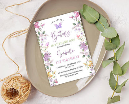 Invitation d'anniversaire papillon fleuri, invitation pour le 1er anniversaire sur le thème des papillons, fête d'anniversaire papillon pour fille, modèle Canva modifiable, téléchargement instantané