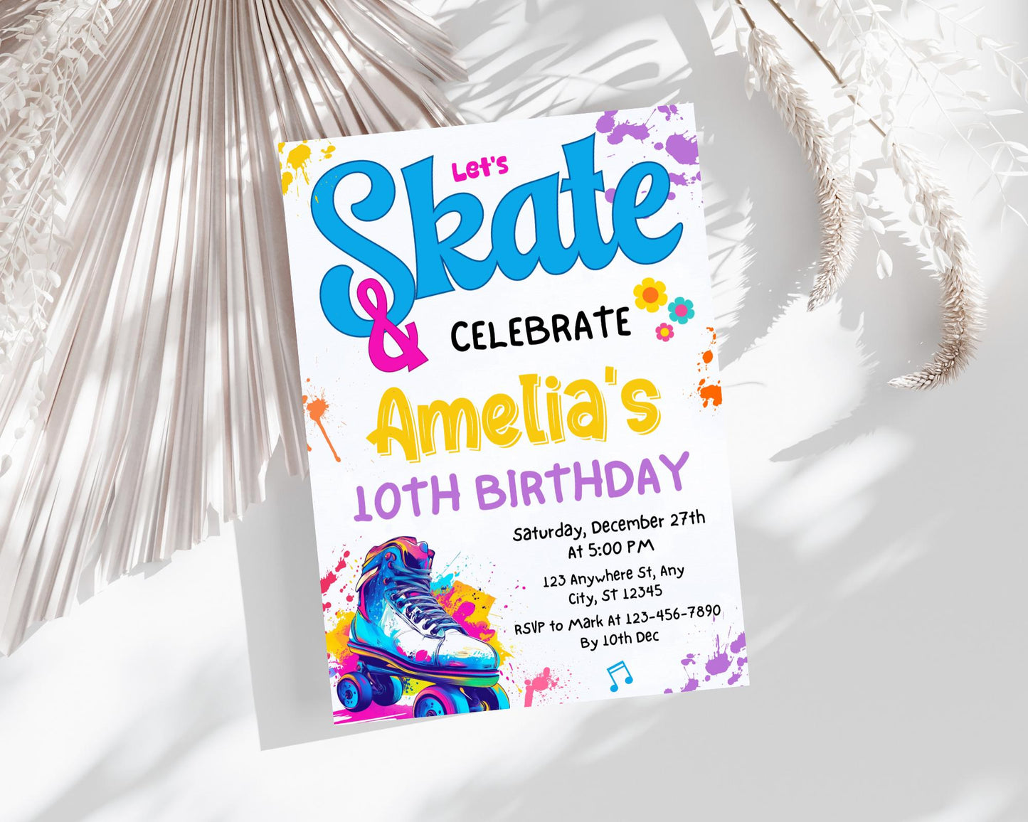Roller Skating Birthday Invitation, Let's Roll Party, Let's Skate & Celebrate Birthday Invite, Retro Neon Lights Party, Skate Party