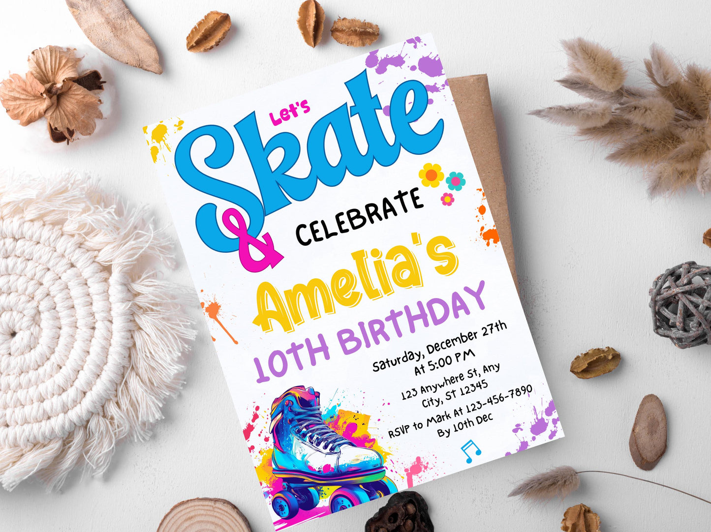 Roller Skating Birthday Invitation, Let's Roll Party, Let's Skate & Celebrate Birthday Invite, Retro Neon Lights Party, Skate Party