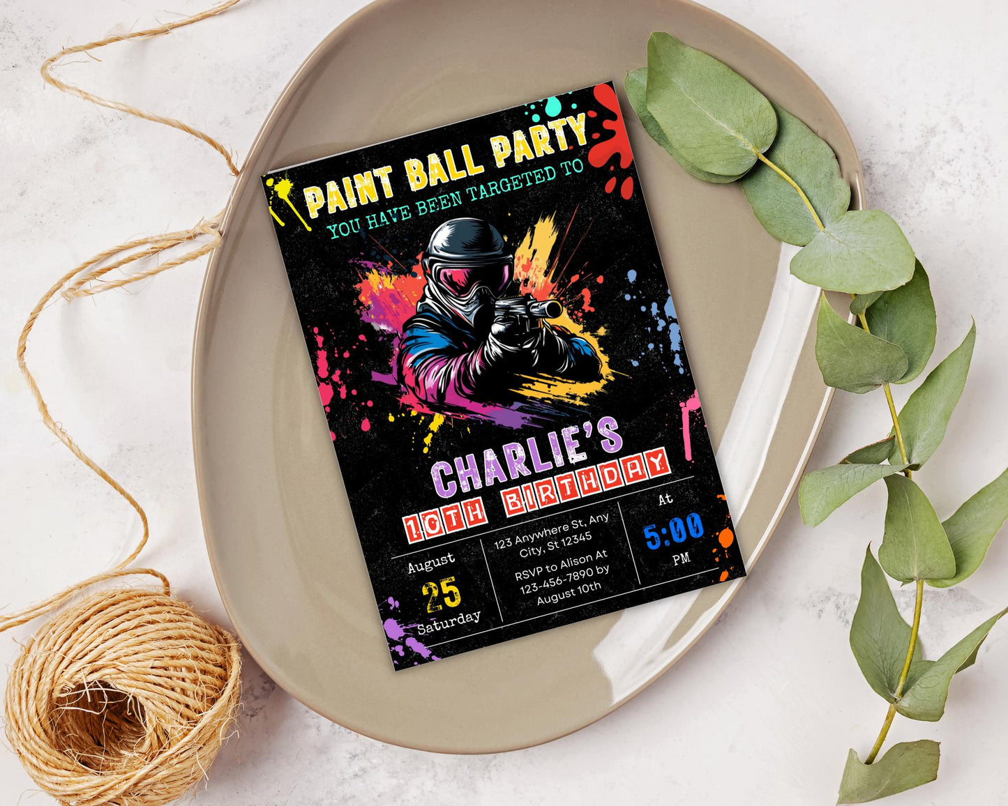Einladung zur Paintball-Geburtstagsparty, Paintball-Geburtstagsparty für Jungen, Farbteller, Einladung zur Paintball-Party, DIY-Geburtstagseinladung