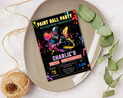 Einladung zur Paintball-Geburtstagsparty, Paintball-Geburtstagsparty für Jungen, Farbteller, Einladung zur Paintball-Party, DIY-Geburtstagseinladung