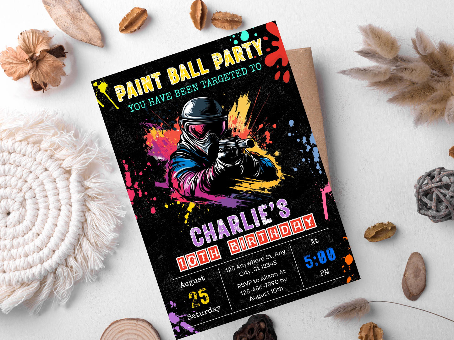 Einladung zur Paintball-Geburtstagsparty, Paintball-Geburtstagsparty für Jungen, Farbteller, Einladung zur Paintball-Party, DIY-Geburtstagseinladung