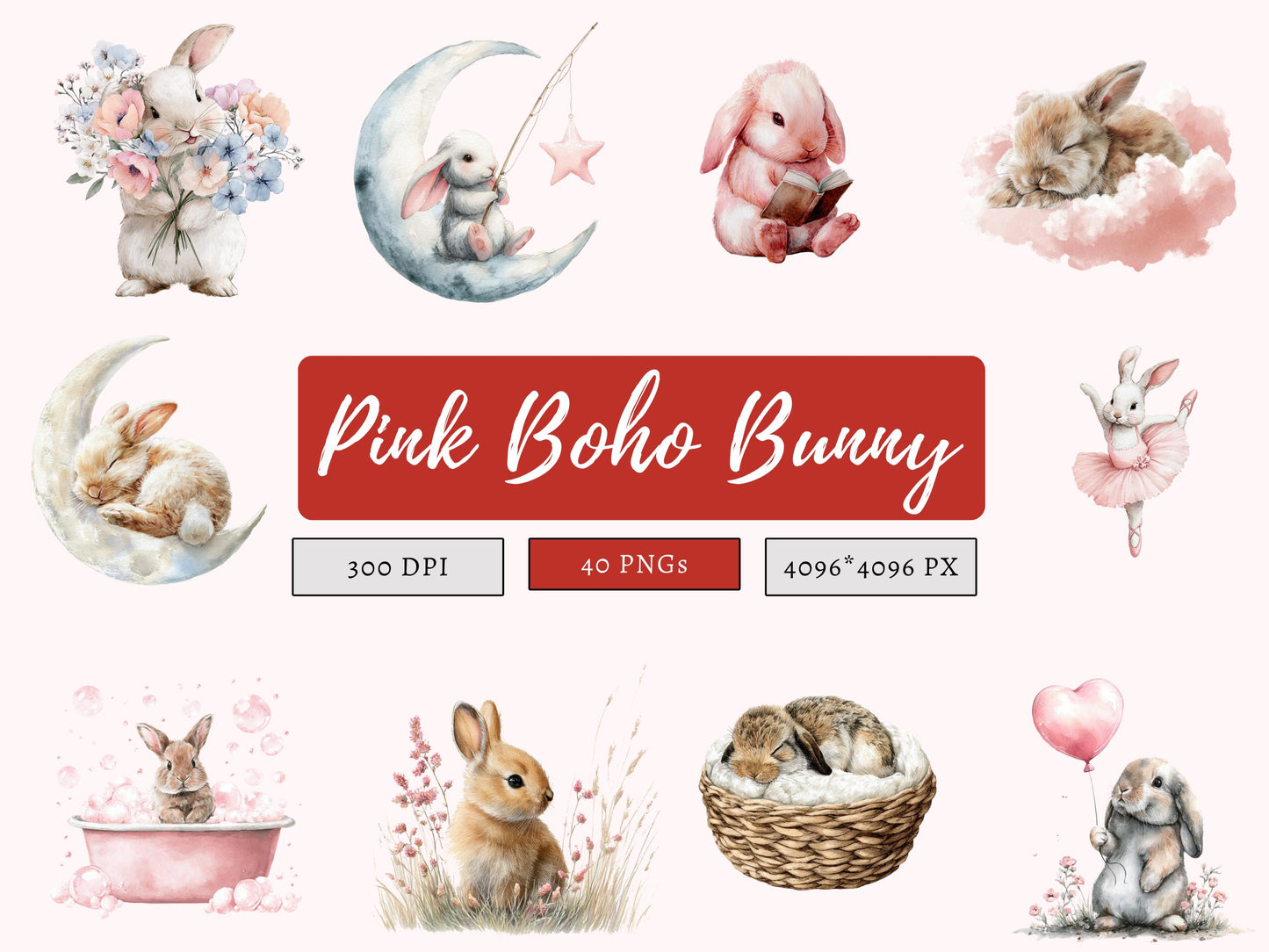 Pink Boho Bunny Clipart Bundle, Baby Shower Bunnies PNG, Cute Bunnies Clipart, Sweet Bunny Ballerina PNG, Pink Bunny png, Instant Download
