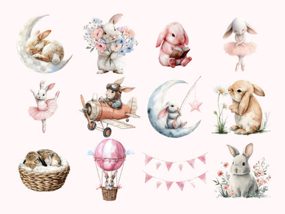 Pink Boho Bunny Clipart Bundle, Baby Shower Bunnies PNG, Cute Bunnies Clipart, Sweet Bunny Ballerina PNG, Pink Bunny png, Instant Download