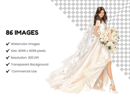 Elegant Wedding Clipart Bundle, White Wedding Clipart Set, Romantic Wedding Day, Bride, Groom, Venue Scenes, Printable Wedding Illustration