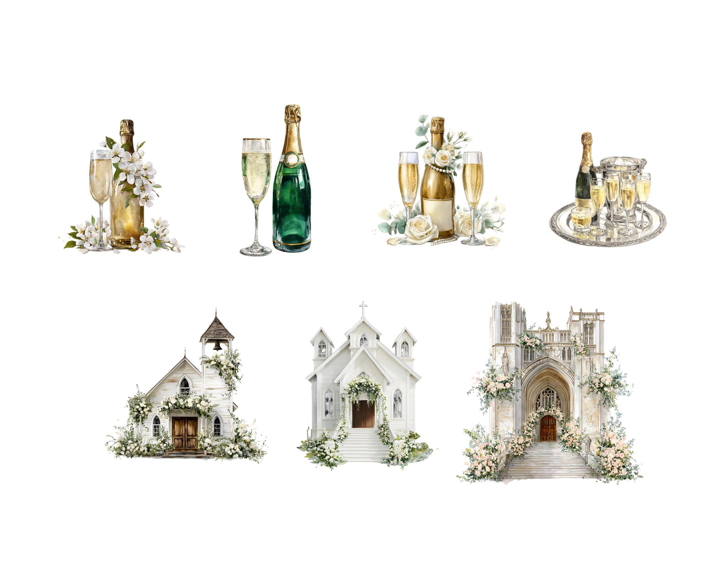 Elegant Wedding Clipart Bundle, White Wedding Clipart Set, Romantic Wedding Day, Bride, Groom, Venue Scenes, Printable Wedding Illustration