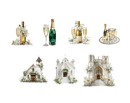 Elegant Wedding Clipart Bundle, White Wedding Clipart Set, Romantic Wedding Day, Bride, Groom, Venue Scenes, Printable Wedding Illustration