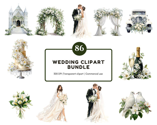 Elegant Wedding Clipart Bundle, White Wedding Clipart Set, Romantic Wedding Day, Bride, Groom, Venue Scenes, Printable Wedding Illustration