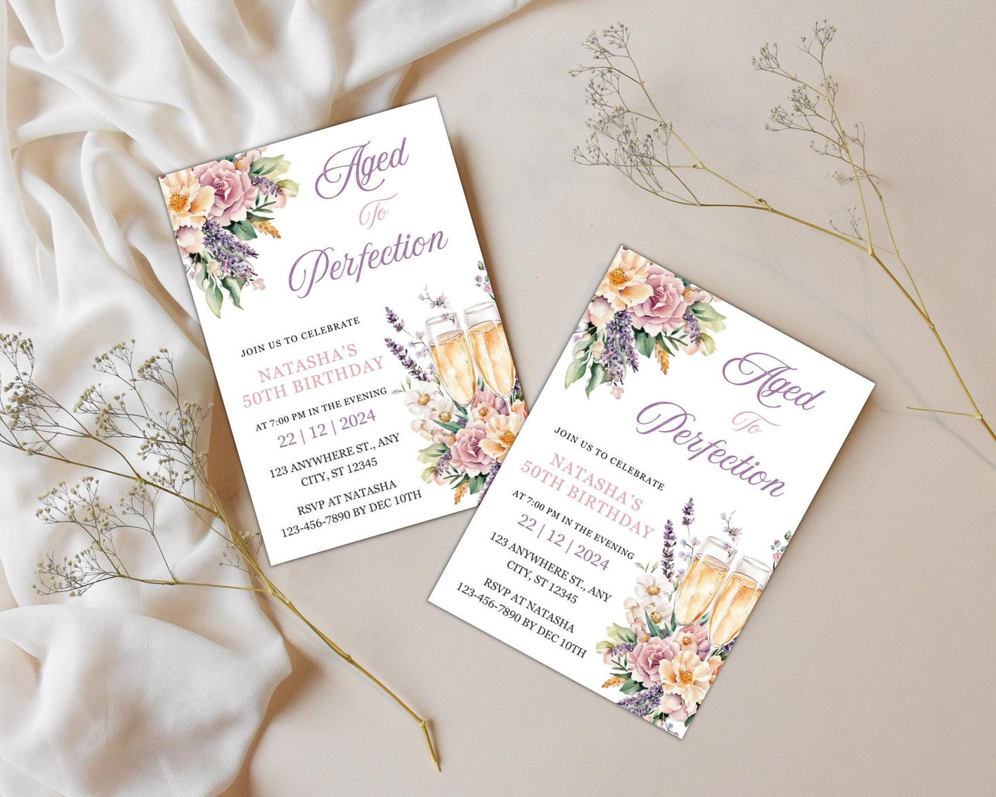 Wine Birthday Invitation Template, Floral Wine Party, Wine Girl Birthday Invite, Winery Celebration, Canva Editable, Instant Download