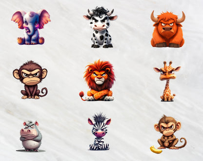 24 lustige Cliparts von mürrischen Tieren, Cliparts von mürrischen Safari-Tieren, Cartoon-Haustier-Print-Bundle, niedliche Tier-PNGs, Kinderzimmerdeko, kommerzielle Nutzung