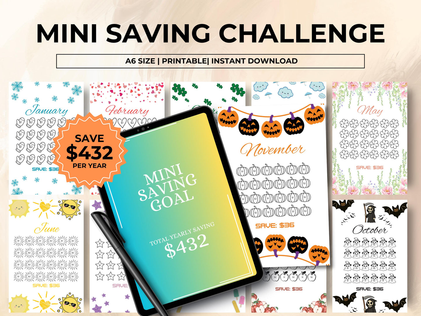 Low Income Monthly Saving Challenge Printable, Saving Tracker, Budget Tracker, Monthly Saving Plan, Mini Saving Challenge, Instant Download