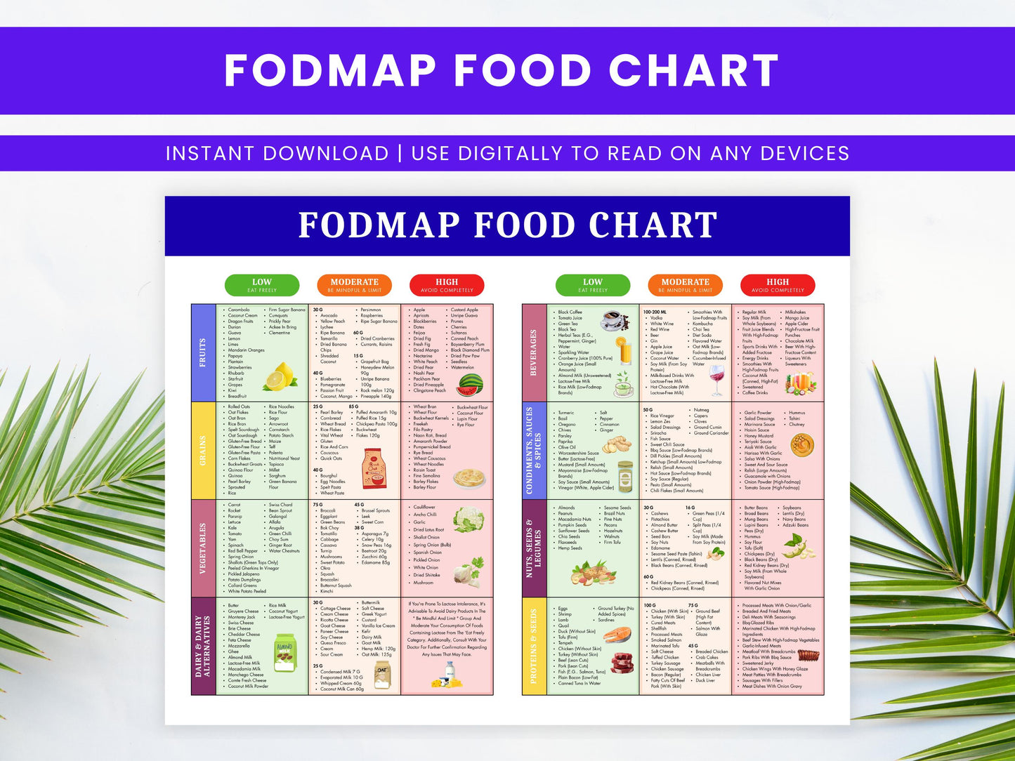 FODMAP Food Chart Printable, IBS Diet Guide, Low Fodmap Food List, Nutrition Guide, Gut Helath, IBD Meal Plan, Instant Download