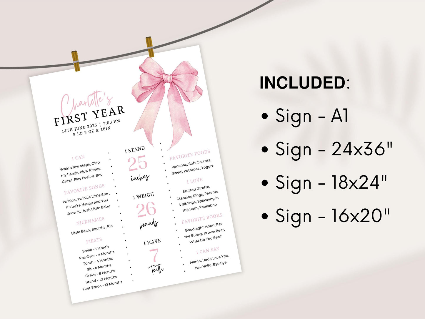 Pink Bow Milestone Board, Pink Coquette First Birthday Milestone Sign Editable, Pink Bow Girl 1st Year Milestone Poster, Instant Download