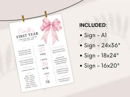 Pink Bow Milestone Board, Pink Coquette First Birthday Milestone Sign Editable, Pink Bow Girl 1st Year Milestone Poster, Instant Download