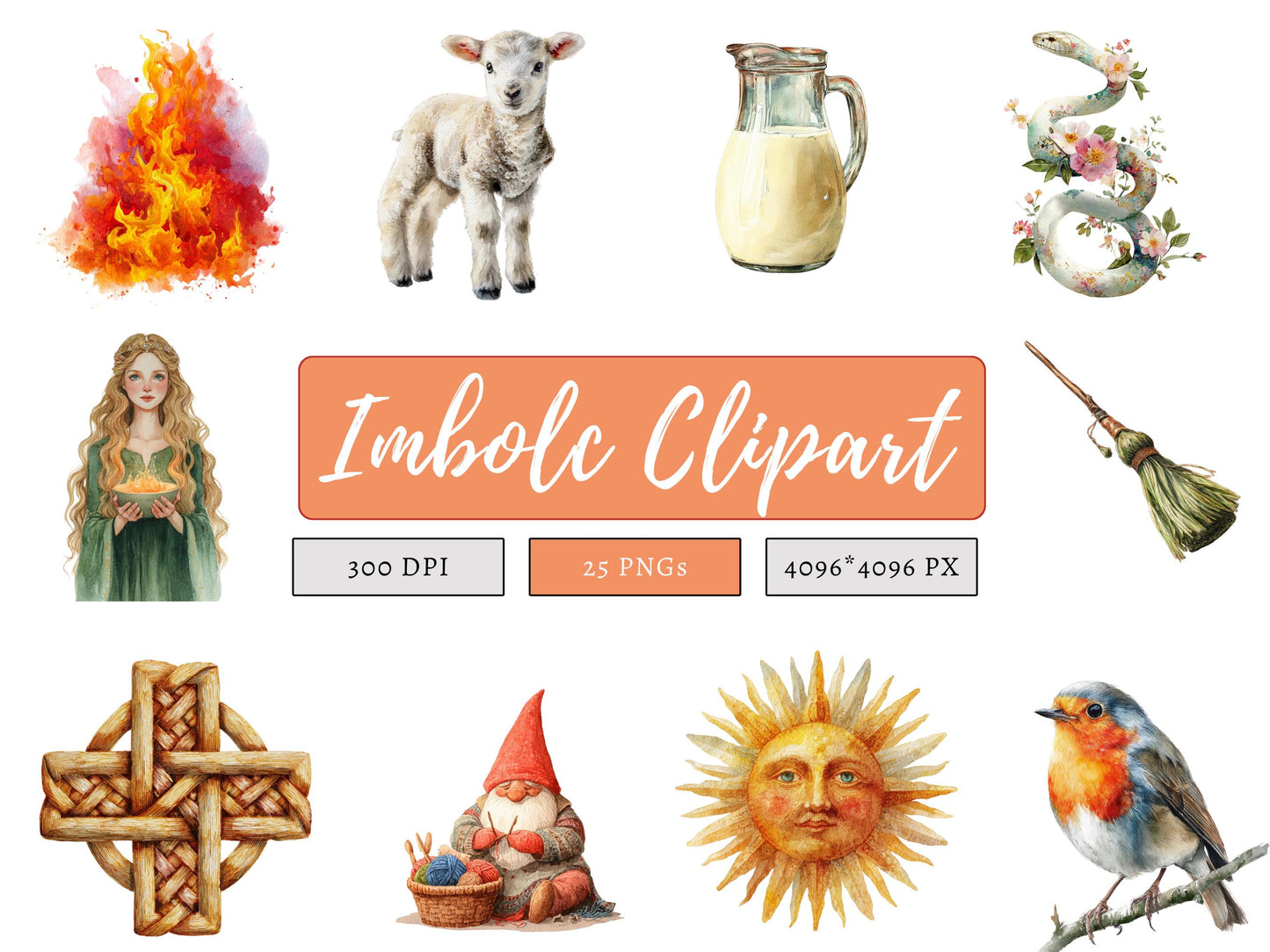 Aquarell-Clipart-Bundle zum Imbolc-Fest, Figuren des Jahreskreises, hochwertige Imbolc-PNGs, heidnische, keltische, neuheidnische Elemente (Wicca, Hexerei, Neopaganismus)