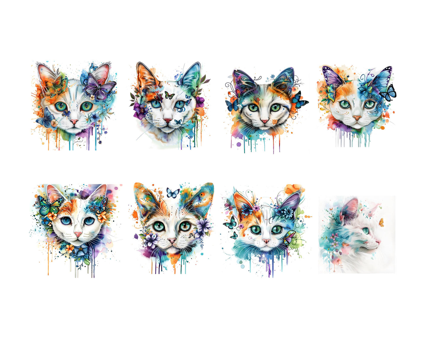 Watercolor Floral Cat Clipart Bundle, 57 Abstract Flower Cat png, Whimsical Printable Designs, High Quality PNGs & JPGs, Instant Download