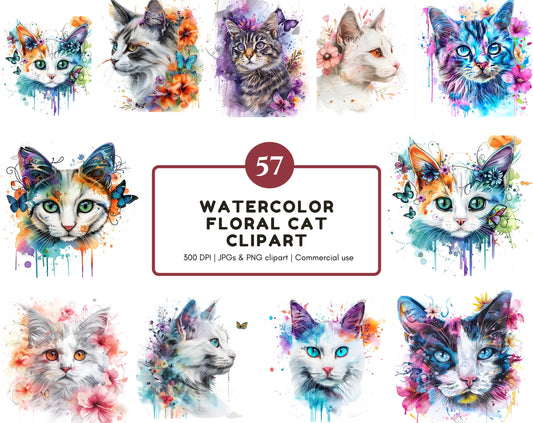 Watercolor Floral Cat Clipart Bundle, 57 Abstract Flower Cat png, Whimsical Printable Designs, High Quality PNGs & JPGs, Instant Download